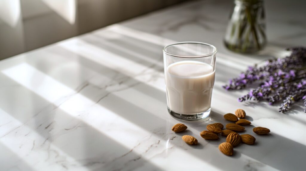 Glass of almond milk, raw almonds, and lavender petals on top of a marble countertop.