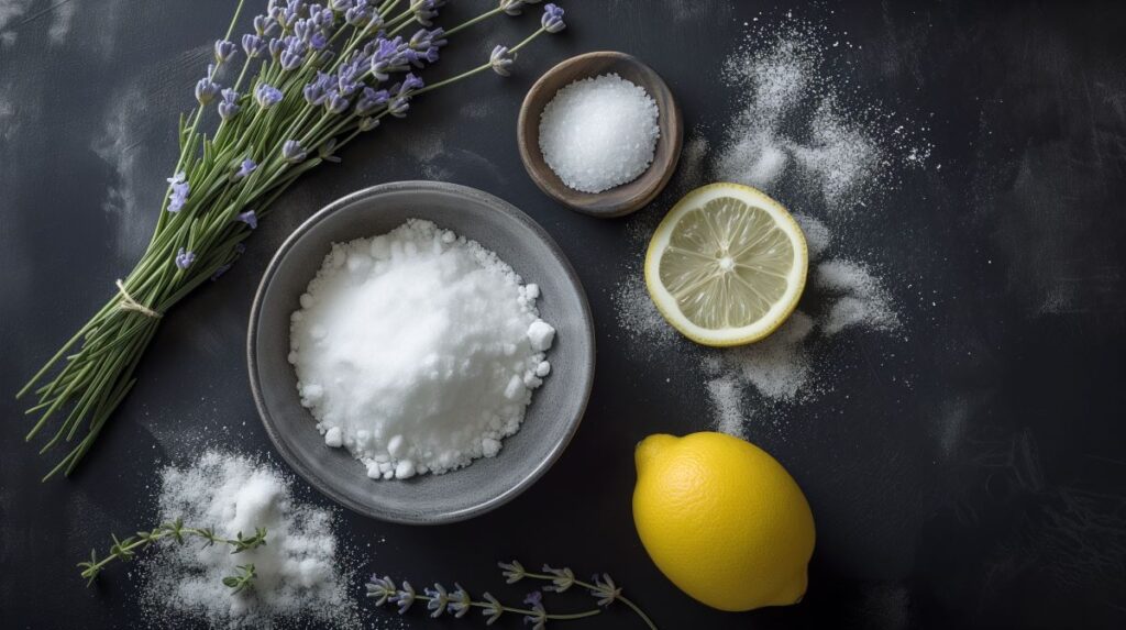 Baking soda, lemon, salt, and lavender cleaning ingredients nicely arranged on a slate surface.