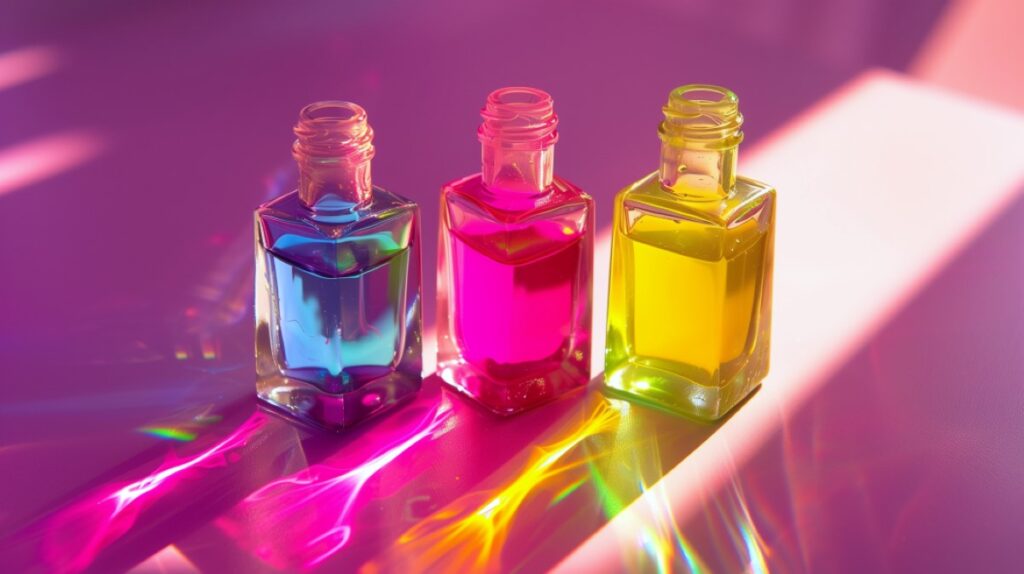 Three nail polish bottles sitting on a countertop filled with blue, pink, and yellow liquid.