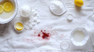 Blood stain on a mattress surrounding by small cups of baking soda, white vinegar, lemons, and detergent.