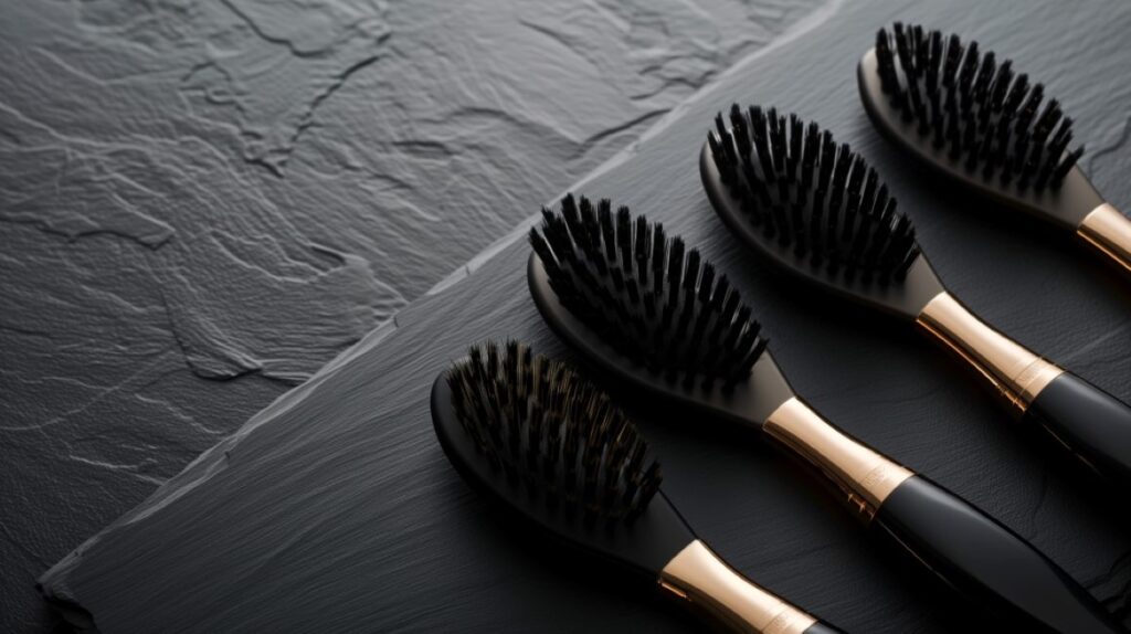 Four modern black hairbrushes on top of a dark slab of slate.