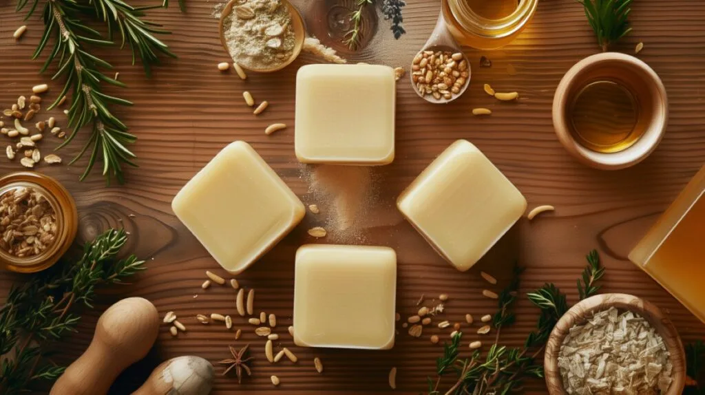 Four natural lotion bars sitting on a wooden table surrounded by natural oils, oats, grains, and other skincare ingredients. Top-down view.