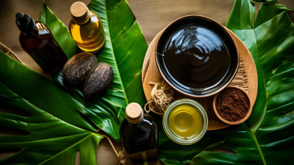 African liquid black soap in a bowl, cocoa pods, oils, and soap ingredients sitting on palm leaves on a wooden table.