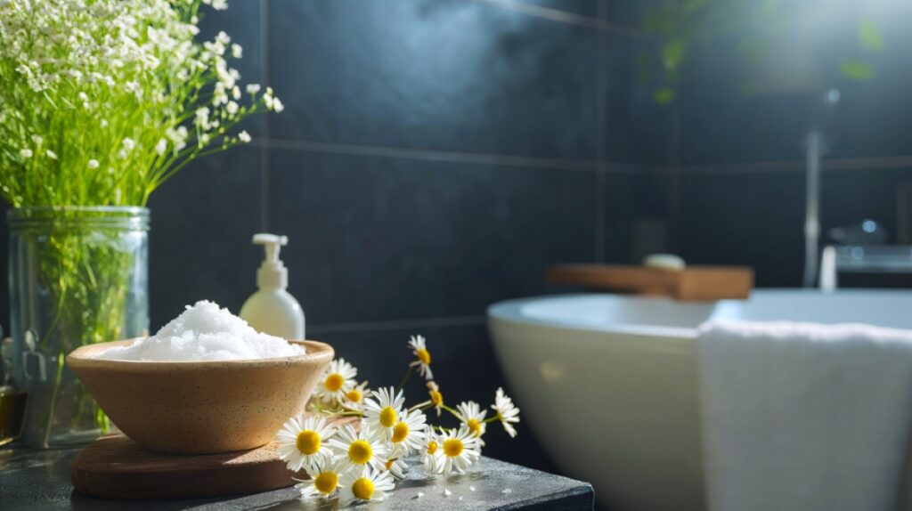 Bowl of Epsom salt, chamomile flowers, and a plant in a vase sitting on a bathroom countertop next to a bathtub.