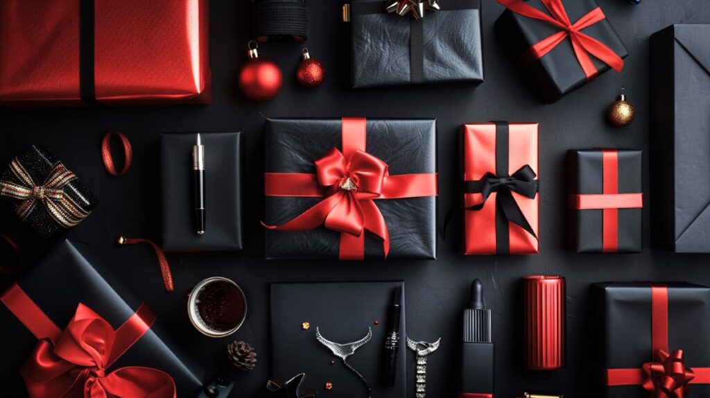 Top-down view of multiple gifts wrapped in black and red. Masculine-themed gift ideas, red bows, pens, and a few Christmas balls on a black colored table.