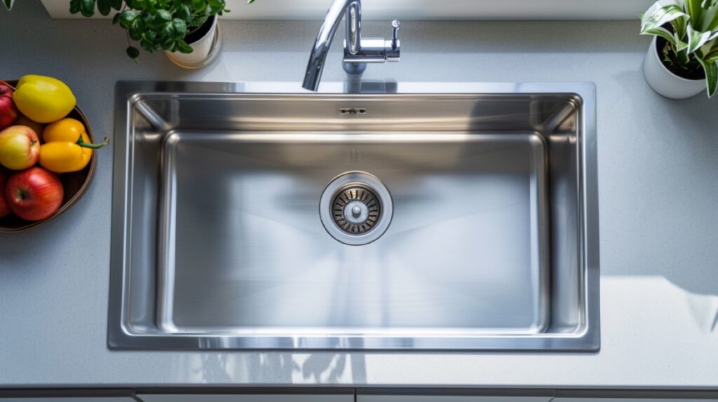 Top-down view of a clean stainless steel sink with a bowl of produce on the countertop on the left and a house plant on the right.