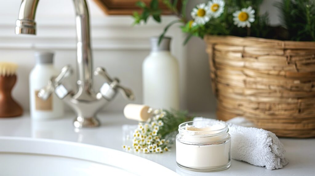Jar of white lotion sitting on bathroom counter next to a plant in a basket, towel, chamomile flowers, and a sink faucet.
