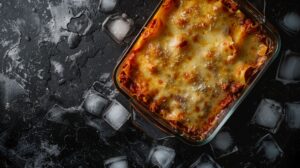 Top-down view of lasagna in a glass baking dish sitting on top of a slate tabletop surrounded by ice cubes.