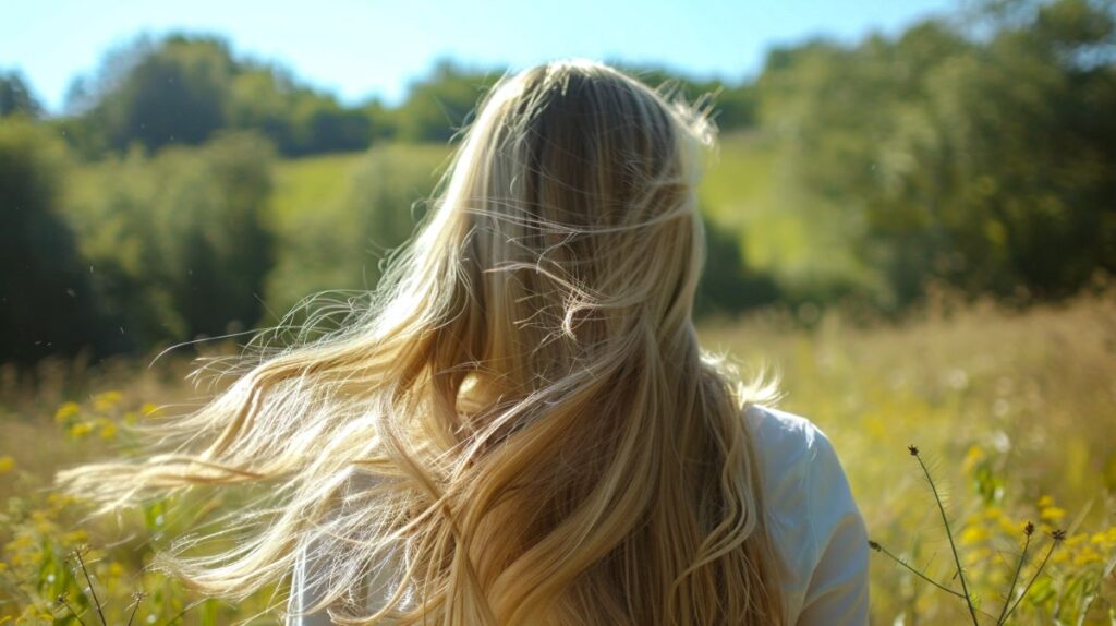Rear view of a women with with long flowing blond hair standing in a field on a sunny day.