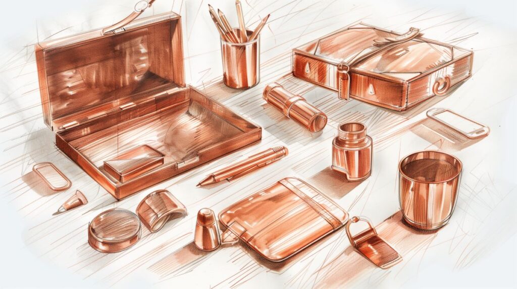 Sketch of copper gift ideas for men. Storage box, cups, pens, razors, and flask on white background.