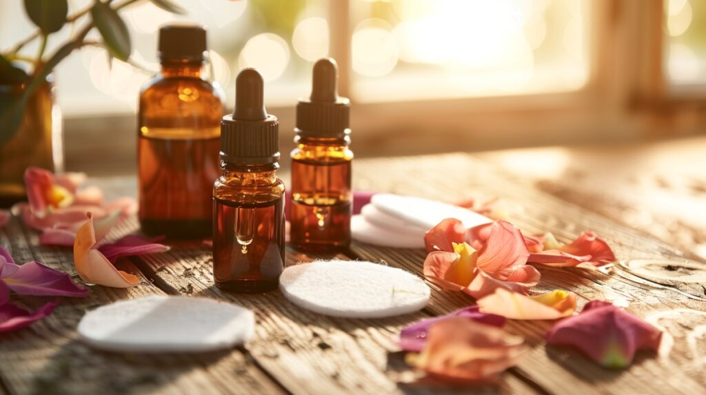 Essential oil bottles on a wooden table with felt pads and flower petals. Window in the background with sunlight shining through.