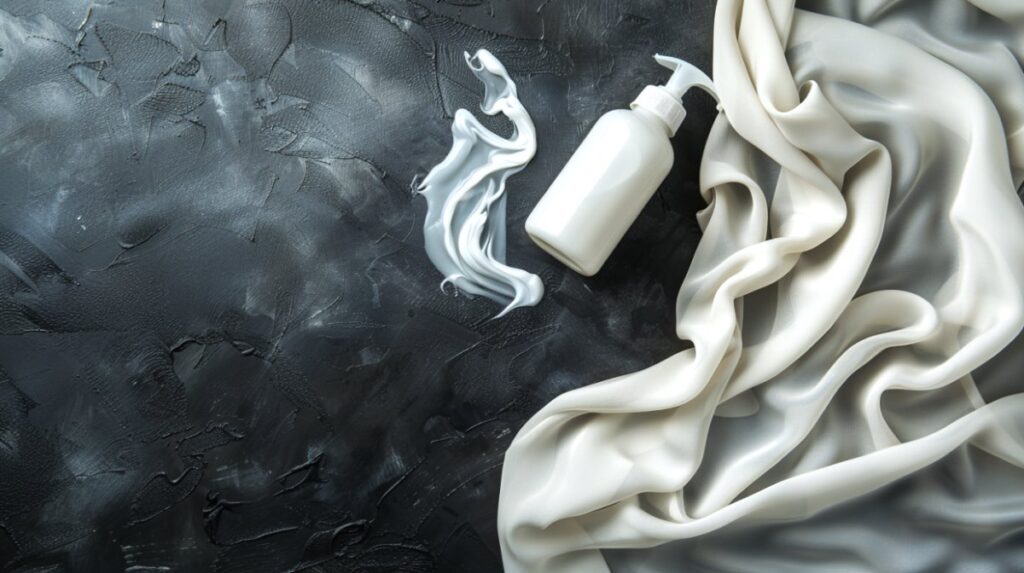 White silk on a dark slate surface with an open white bottle of spilled lotion.