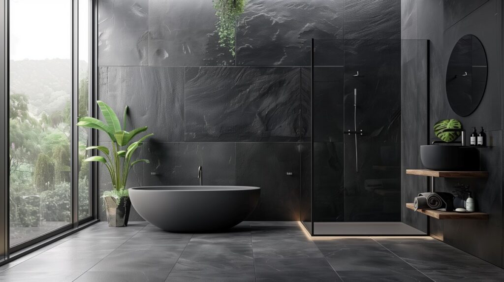 Modern grey slate-stoned bathroom with grey soaking tub, shower, and sliding glass door.