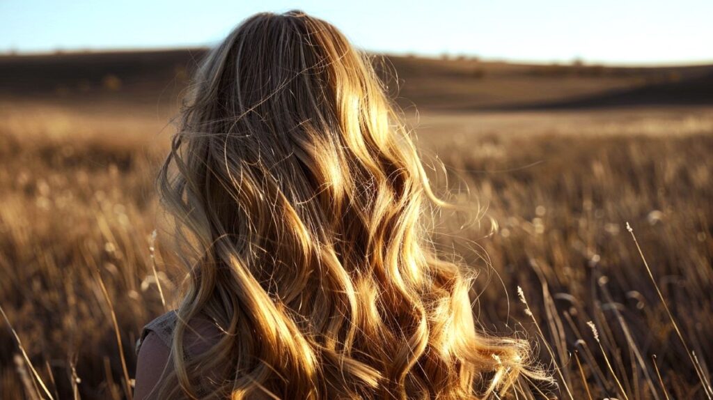 Young blonde caucasian with standing in a wheat field with back turned. Long wavy blonde hair reflecting sunlight.