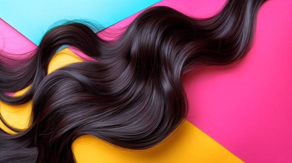 Loose bunches of silky-smooth brunette hair on a stylish pink, yellow, and blue background.