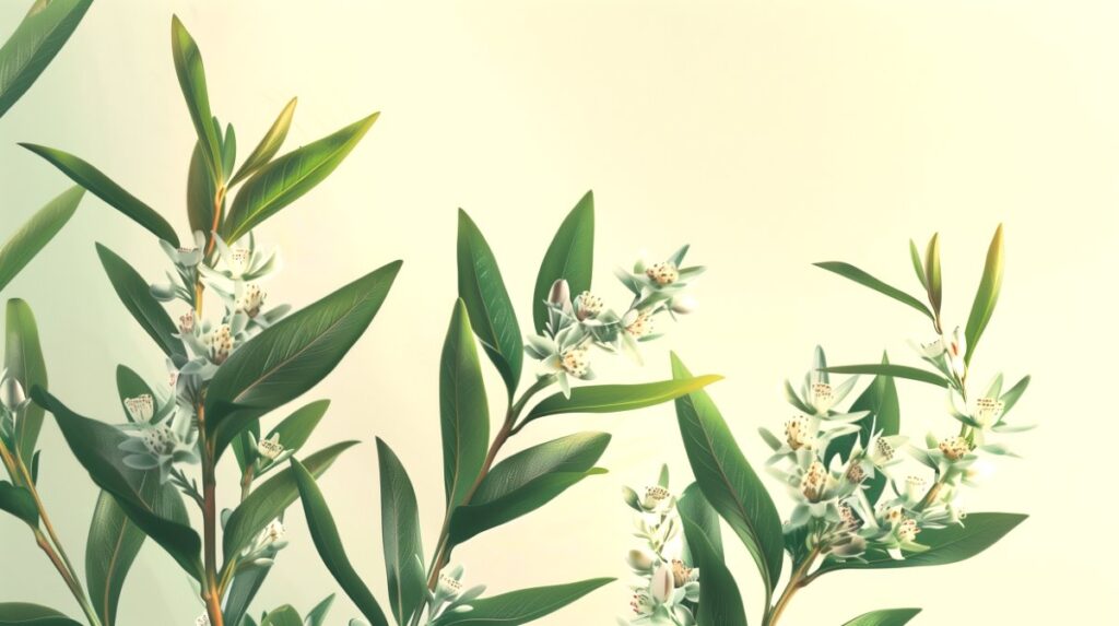 Green tea tree leaves with white flowers on a light cream background.