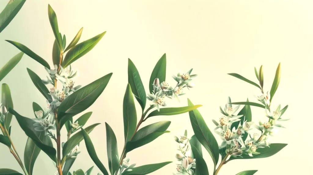 Green tea tree leaves with white flowers on a light cream background.