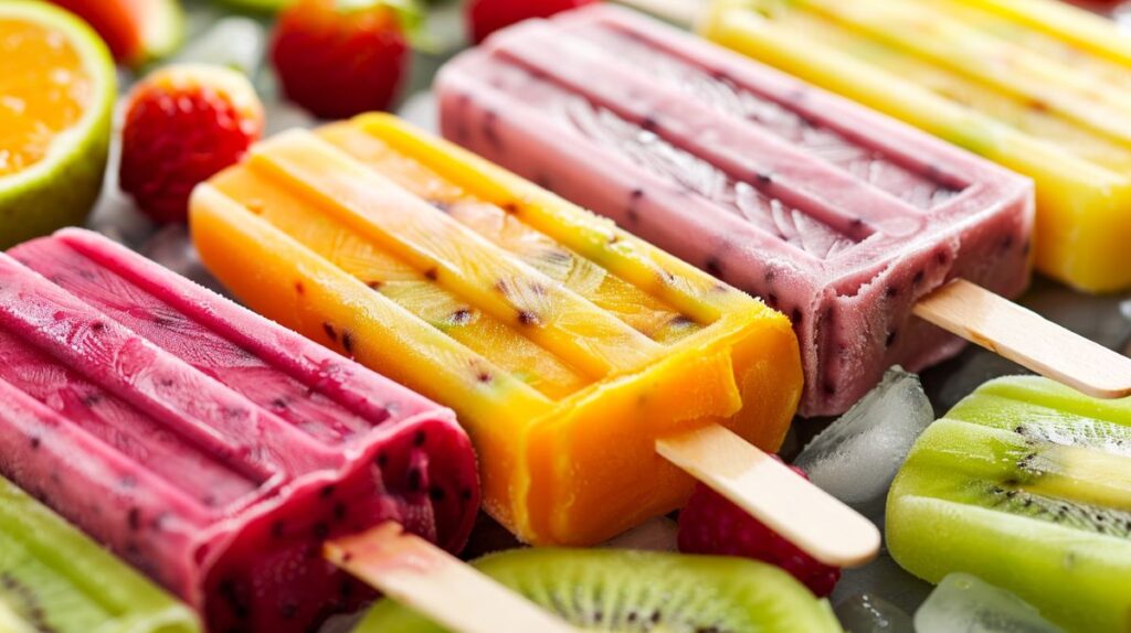 All-natural raspberry, mango, strawberry, and orange popsicles sitting on top of freshly sliced kiwis and raspberries.
