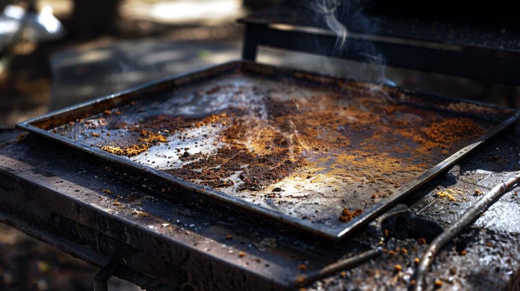 A rusty, dirty, greasy, smoking open griddle in a park sitting in the shade.