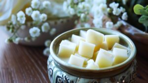 Decorative ceramic wax warmer dish filled with melted wax cubes sitting on an oak wooden table in front of flowers.