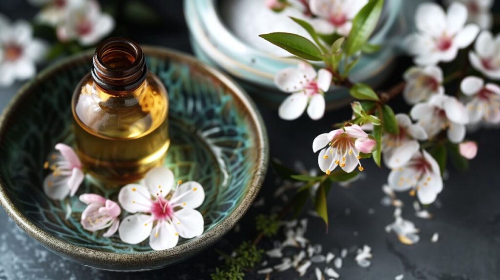 Light Manuka flowers in small bowl on a tabletop next to natural oils and skincare ingredients.