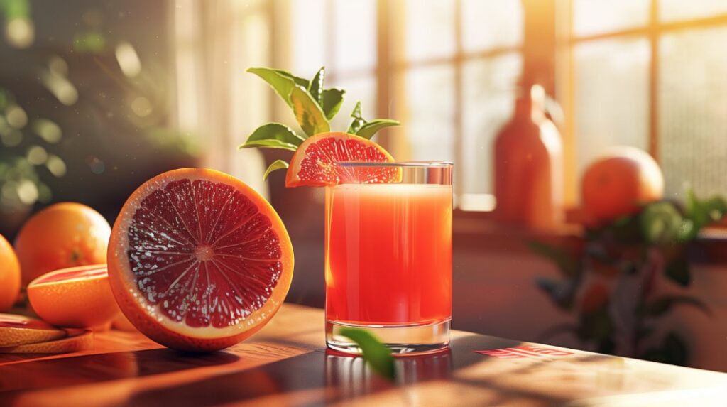 Sliced dark red blood orange on a wooden kitchen table next to a glass of Italian Soda with blood orange juice and mint leaves. Natural sunlight shining through the window.