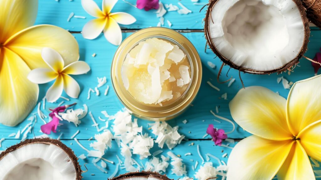 Small jar of solid coconut oil sitting on a blue wooden table, surrounded by yellow tropical flowers, purple flower petals, and coconut halves.