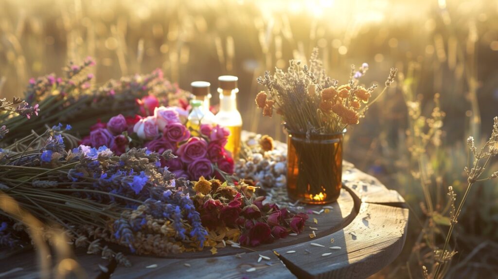 Assortment of dried roses, lavender, daisies and other fragrant flowers and essential oils on a weathered wooden table in a wheat field. Natural sunlight shining on the table and flowers.