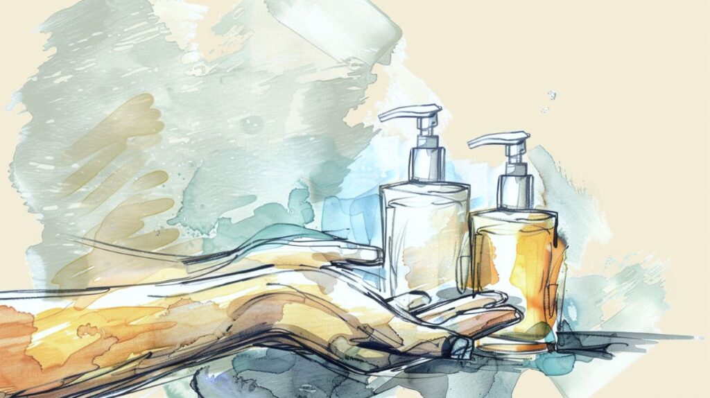 Artistic watercolor sketch in light blue, orange, and cream tones of two hands holding two bottles of lotion and hand cream.