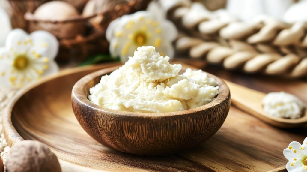 Whipped shea butter in a small brown wooden bowl on top of a decorative wooden plate surrounded by white daises.