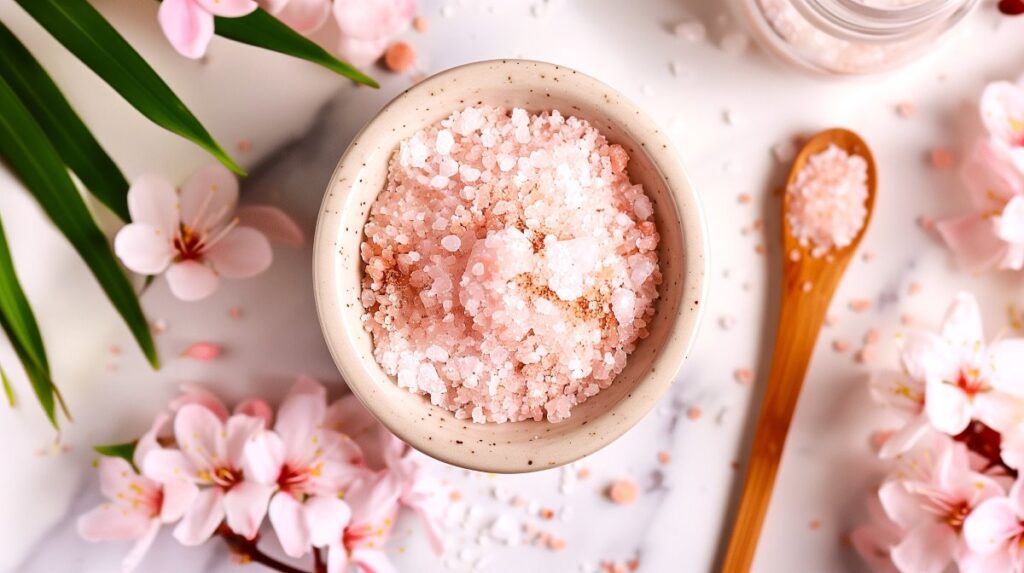 Small white clay bowl of pink Himalayan sea salt on a white table surrounded by white daisies with a wooden spoon on the right.