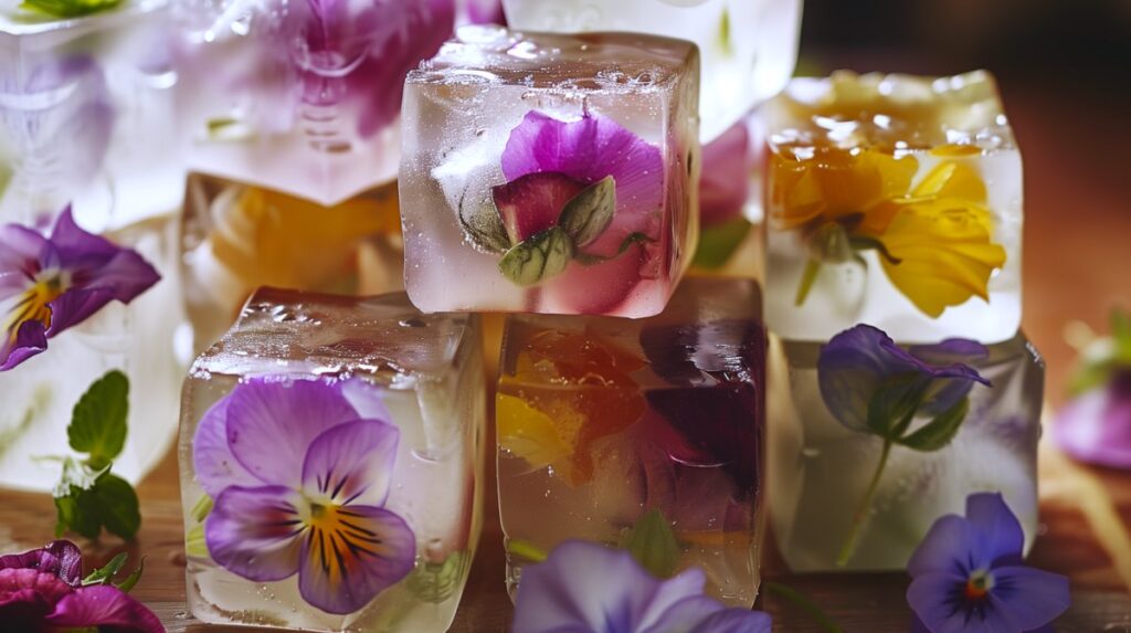Flower ice cubes with whole lavender flowers, violas, pansies, and mums frozen in ice cubes.
