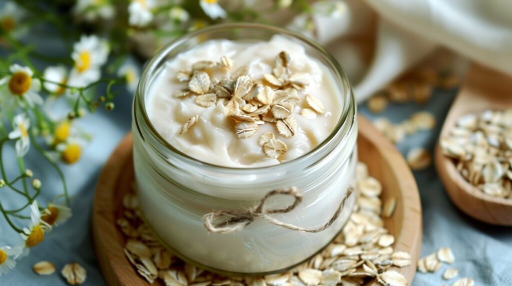 Small glass jar of homemade oatmeal lotion with sprinkled whole oats on a tabletop surrounded by chamomile flowers.