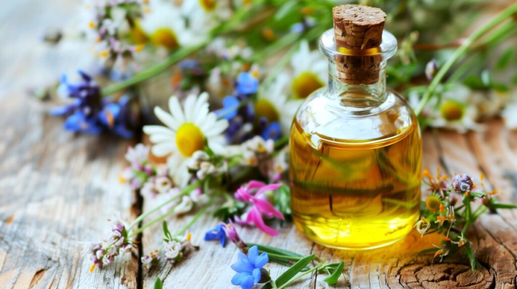 Homemade nail and cuticle oil in a small glass jar on a wooden table surrounded by white daisies and lavender flowers.