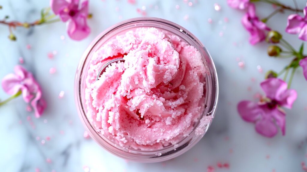 Homemade pink whipped sugar scrub soap in a small glass dish on a white countertop surrounded by purple flower petals.