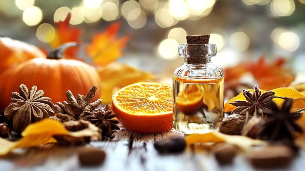 Bottle of autumn essential oil perfume surrounded by an orange slice, nuts, and pumpkins on a wooden table. Warm-colored lights in the background.