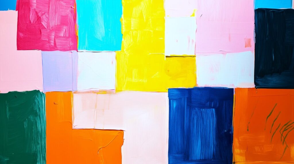 Large blocks and creatively placed rectangular shapes of colors painted on a wall; yellow, pink, blue, red, white, and green rectangular shapes.