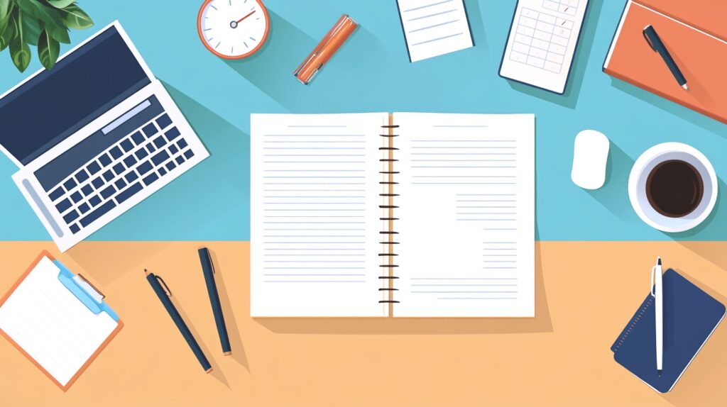 A neatly organized workspace with an open notebook at the center, surrounded by a laptop, pens, sticky notes, a clock, a coffee cup, and a clipboard, representing a productive environment for planning and organization.