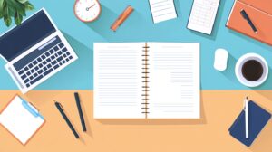 A neatly organized workspace with an open notebook at the center, surrounded by a laptop, pens, sticky notes, a clock, a coffee cup, and a clipboard, representing a productive environment for planning and organization.