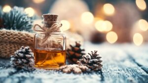 Glass bottle of essential oil placed on a snowy surface, surrounded by pine cones and soft winter decor, with warm, blurred lights in the background, creating a cozy, festive atmosphere.