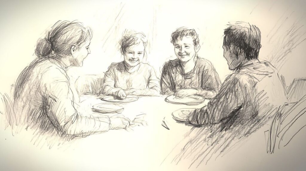 Pencil sketch of a smiling mother, dad, daughter, and son sitting around the table having a family meeting.