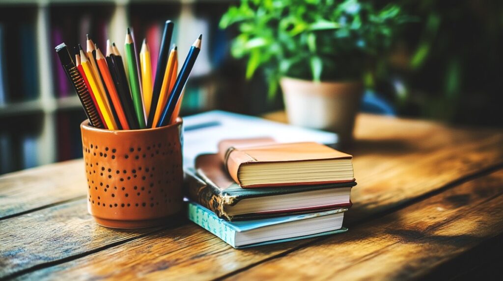 A cozy homeschool setup featuring a stack of books, a pot filled with colorful pencils, and a potted plant on a wooden desk, creating an inviting learning environment.