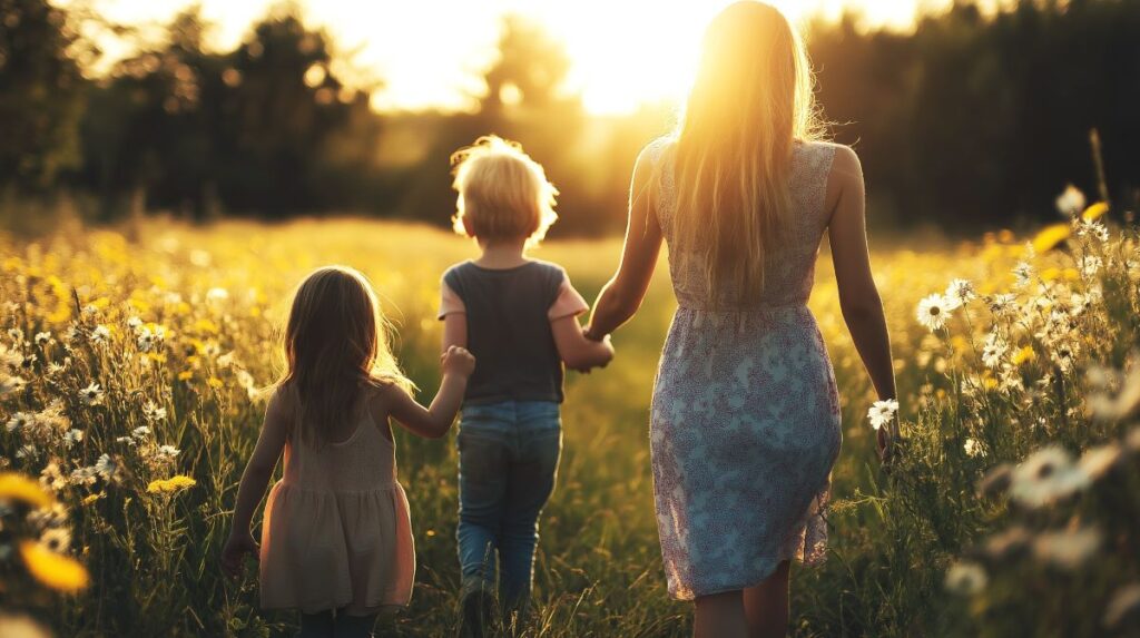 Daughter in yellow dress, son in blue t-shirt, and blond mother in a long white dress walking through a field of white daisies at sunset.