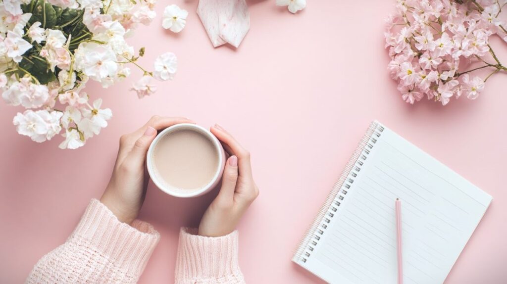 Cup of coffee on a pink table with a paper planner, white daisies, and woman's hands around the mug of coffee.