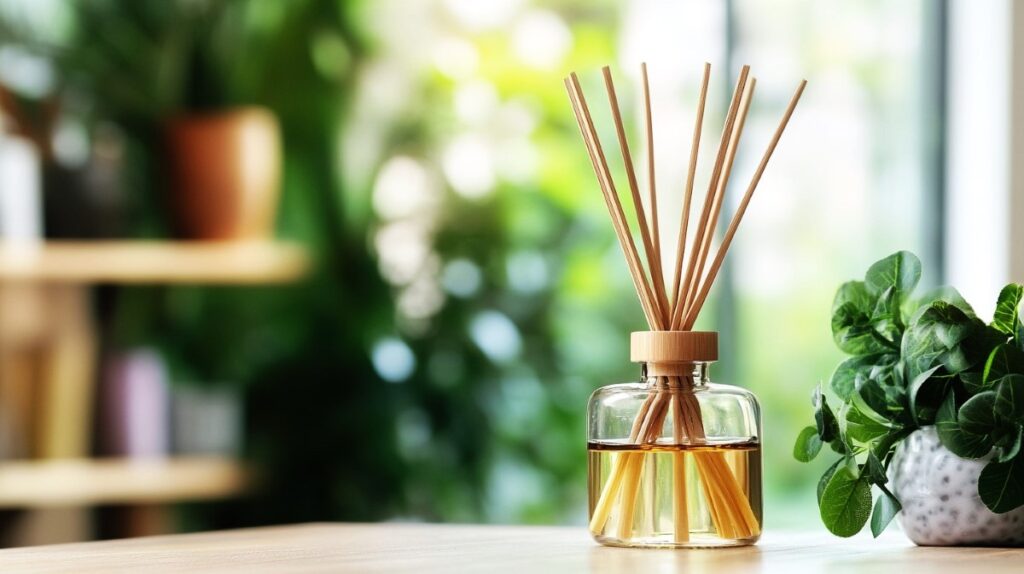 A reed diffuser bottle filled with essential oil placed on a table, surrounded by green plants, with soft natural light streaming in from a window in the background, creating a peaceful and refreshing atmosphere.