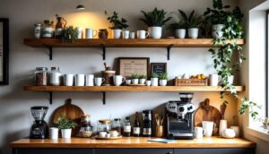 Modern rustic home coffee bar with shelves, mugs, espresso machine, plants, and warm lighting.