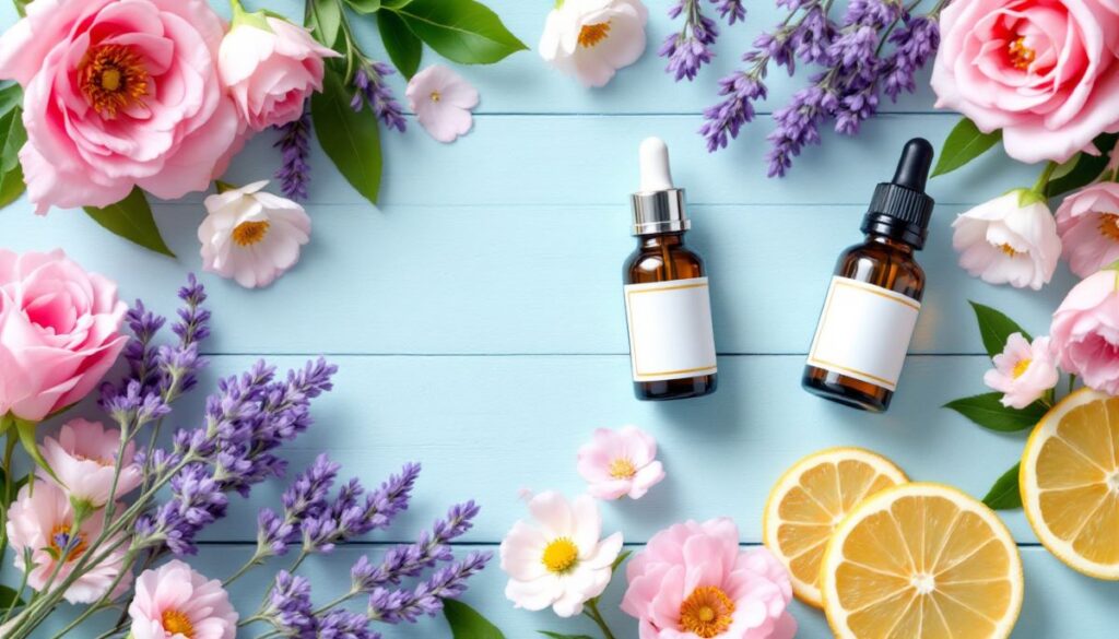 Flat-lay of essential oil bottles, carrier oils, dropper bottles, lavender, rose petals, and citrus slices arranged on a wooden surface with a soft spring-themed pastel background, ideal for DIY essential oil perfumes.