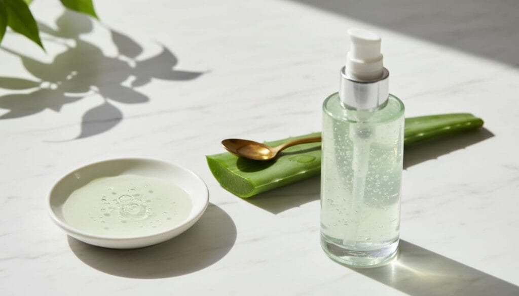 aloe-based skincare products, including a pump bottle of pale green gel, a dish of glossy aloe gel, a cut aloe leaf, and a gold teaspoon with squalane on a white marble slab with soft lighting.