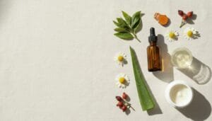 aloe, chamomile, ginger, and other natural ingredients neatly arranged on a white background