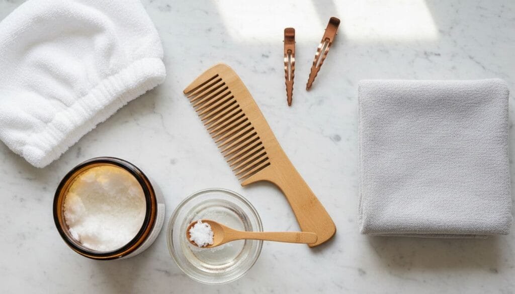 Jar of virgin coconut oil next to a jar of melted virgin coconut oil next to hair clips, a wooden brush, and a towel.